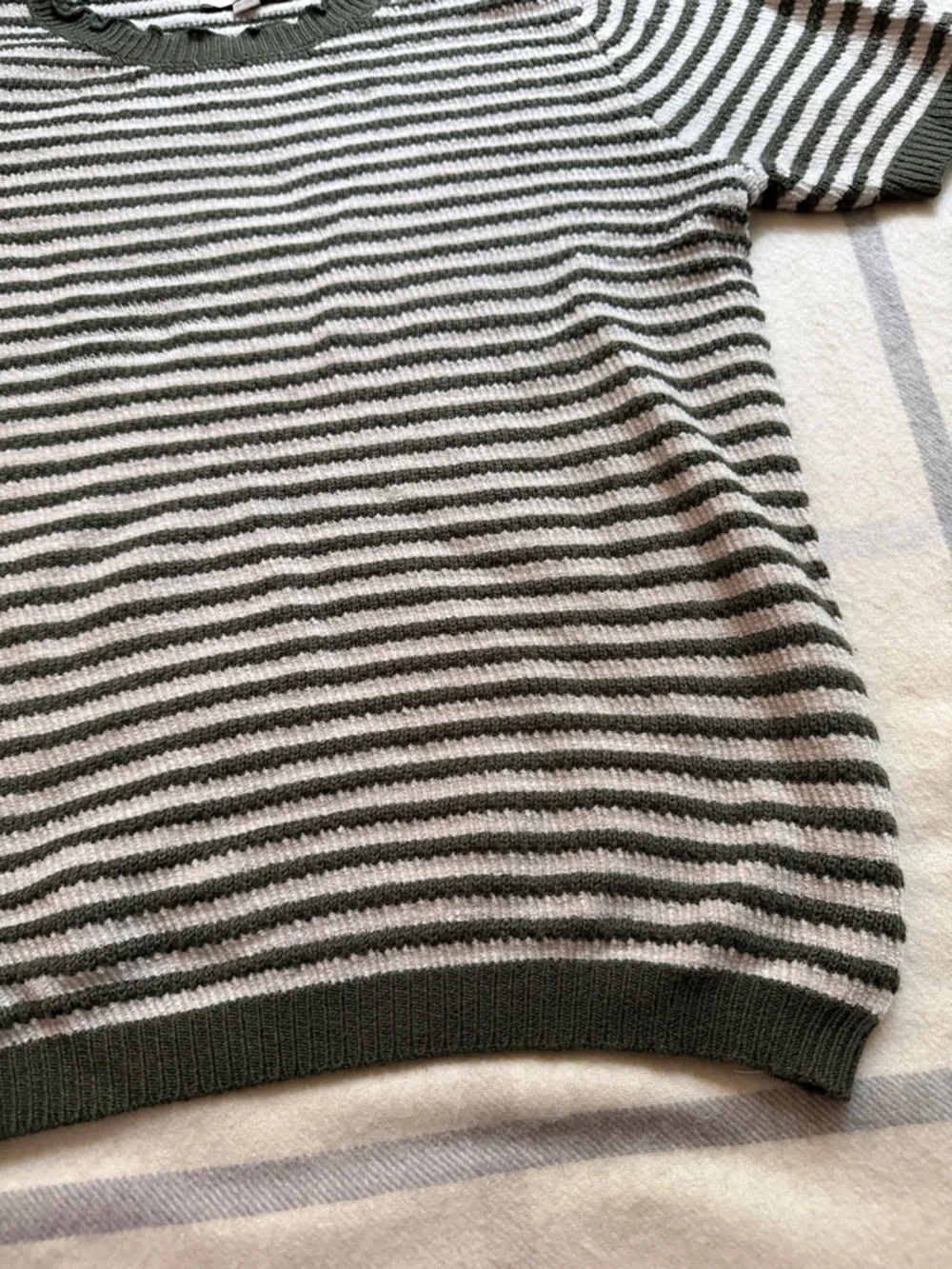 LOFT Striped Short Sleeve Knit Top in Olive and Cream